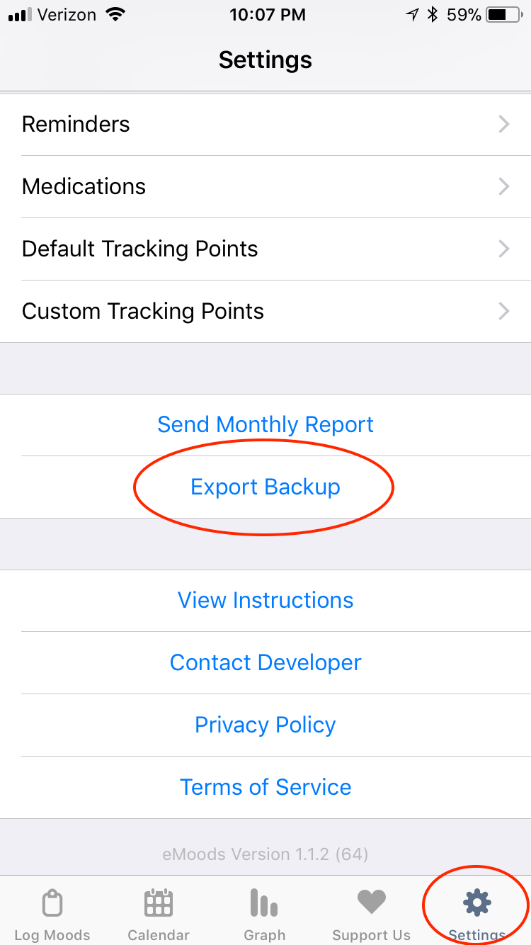 eMoods for iPhone settings screen